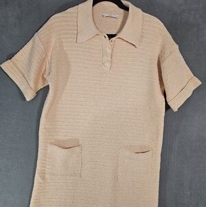 MNG Womens 4 Sweater Dress Vneck Sheath Peach Collar Preppy Pockets Knit Buttons